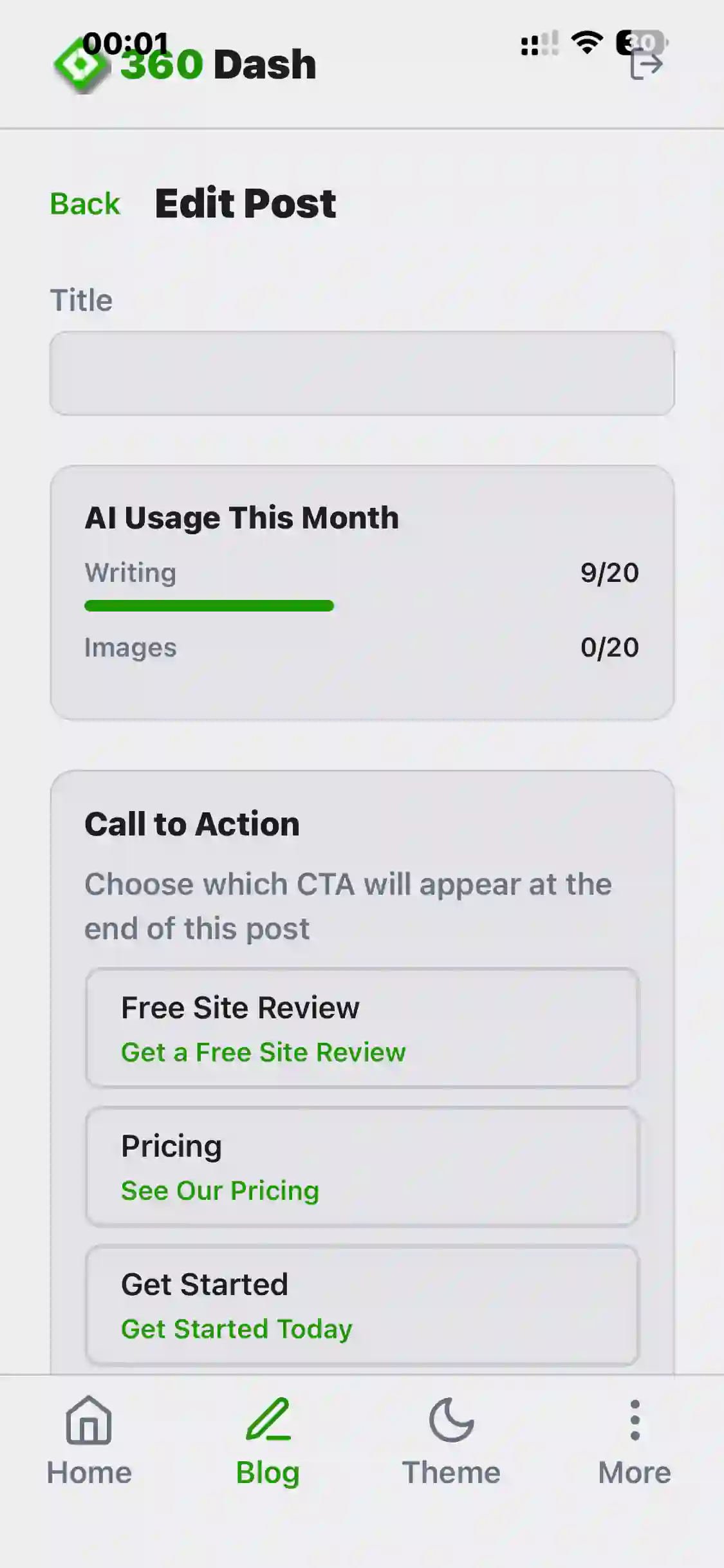 360Dash blog editor with AI usage and call to action options
