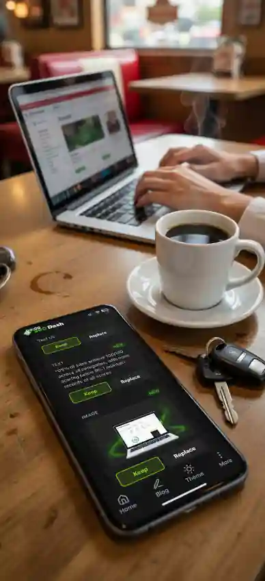 360Dash app on phone next to coffee and laptop in cafe