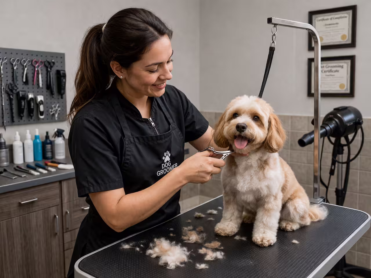Professional pet groomer carefully grooming a dog