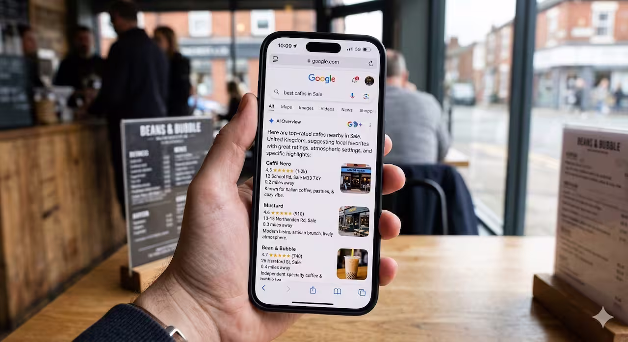 A smartphone displaying Google AI Overview search results for a local business query