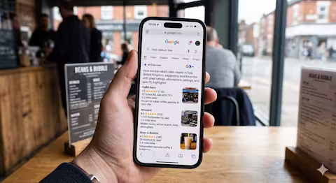 A smartphone displaying Google AI Overview search results