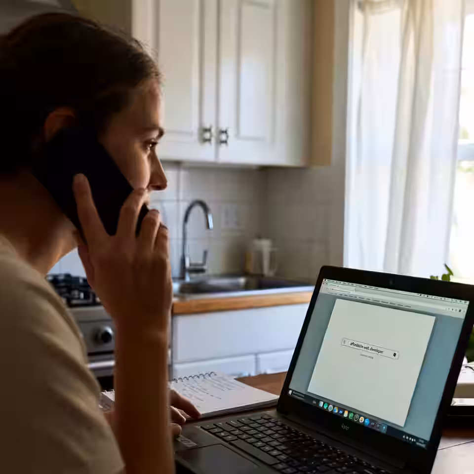 Small business owner managing her business online from a laptop and phone