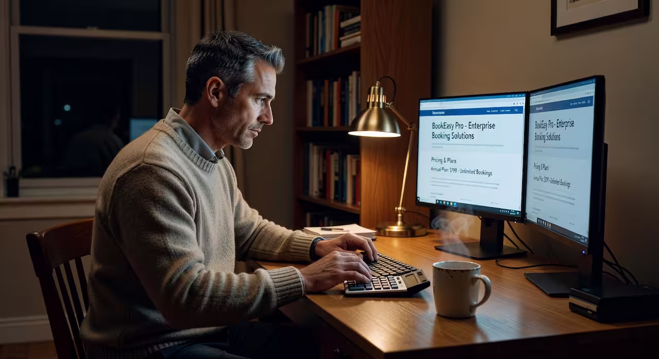 A tradesperson scrolling through subscription charges on his phone at the end of the day