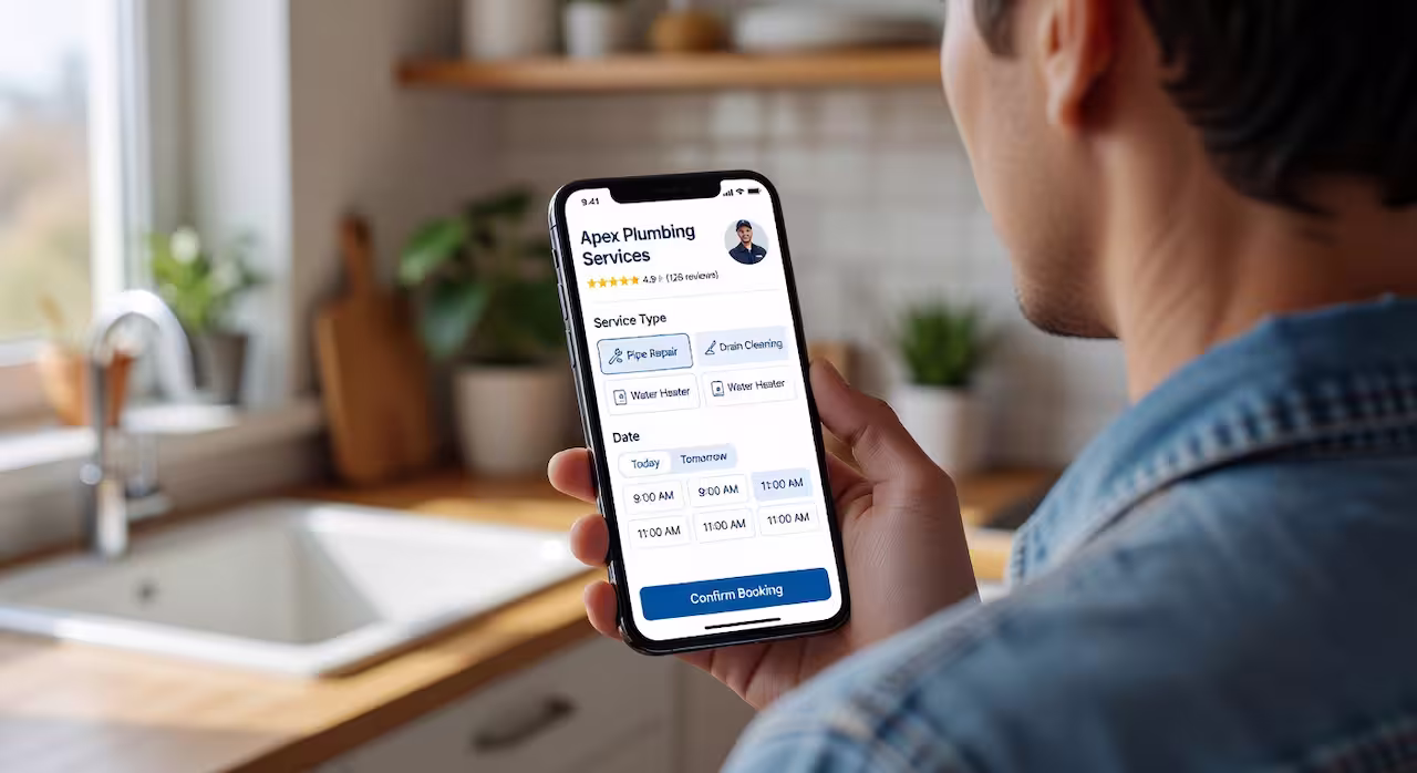 A person holding a phone showing a clean, branded booking page on a business website