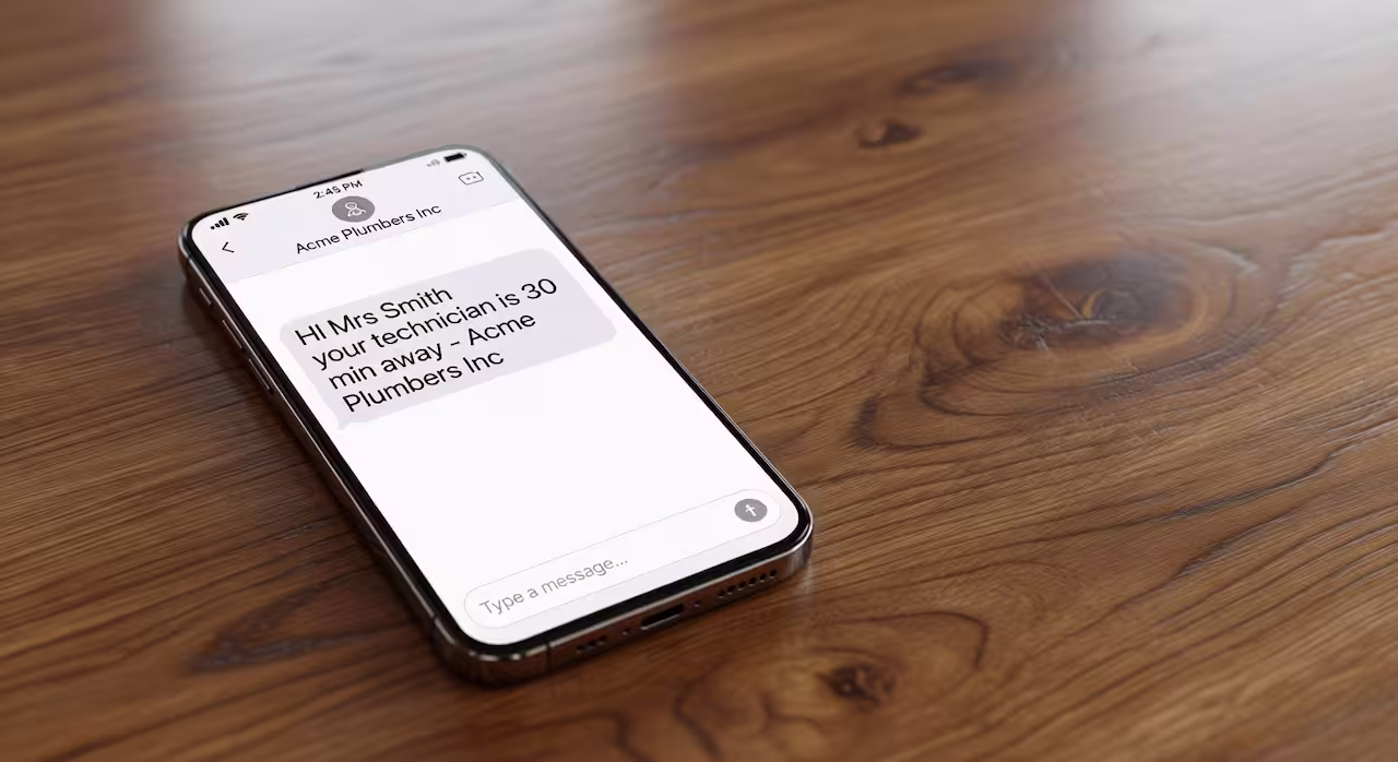 A phone showing an on-my-way text message from a tradesperson to their customer