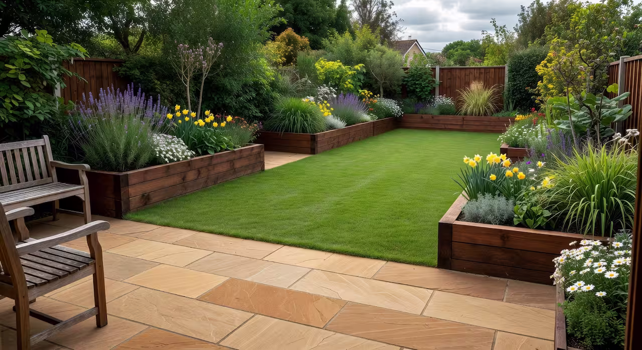 A beautifully finished residential back garden with lawn and raised beds