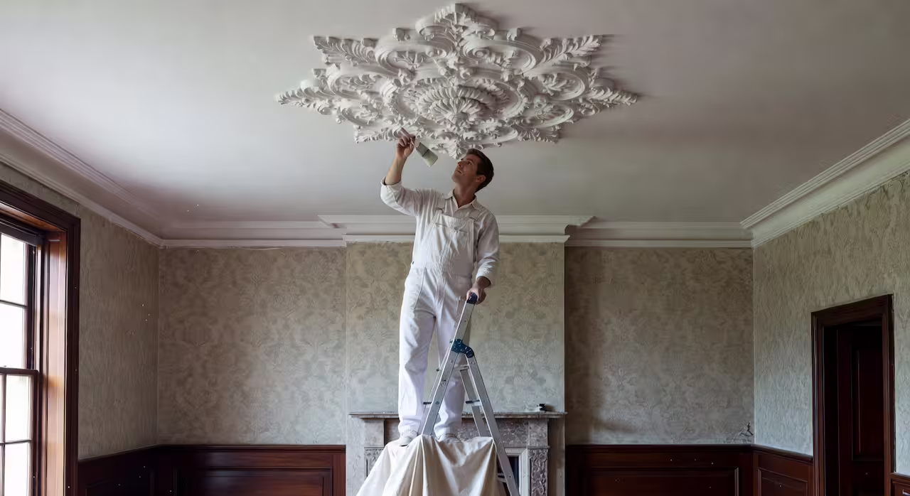 A painter cutting in around a ceiling rose