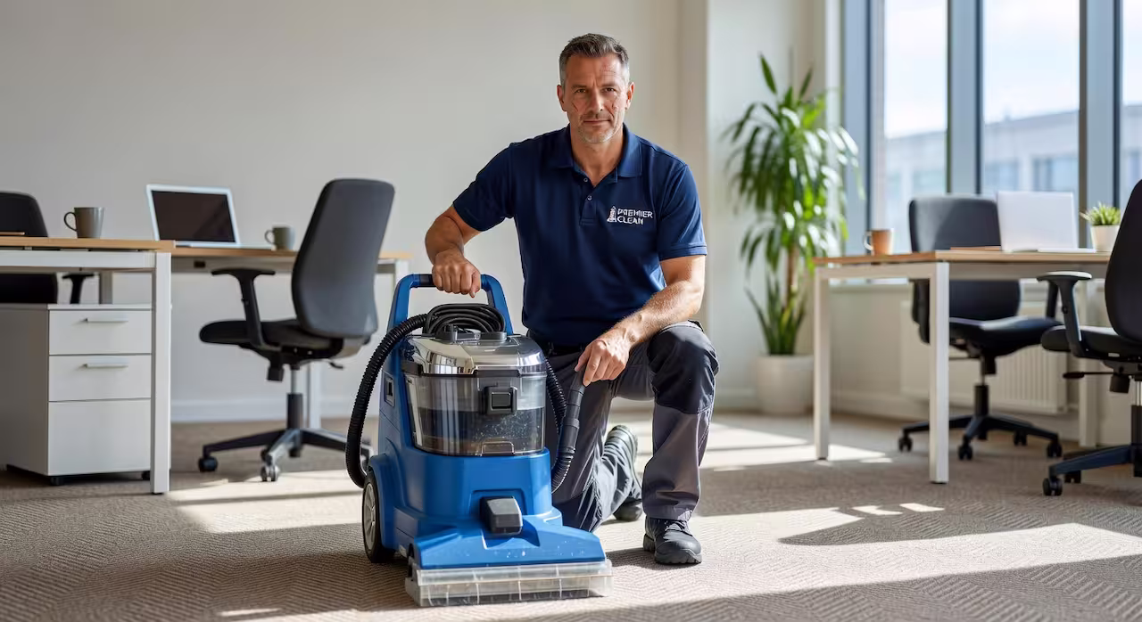 A professional carpet cleaner using a truck-mounted extraction wand
