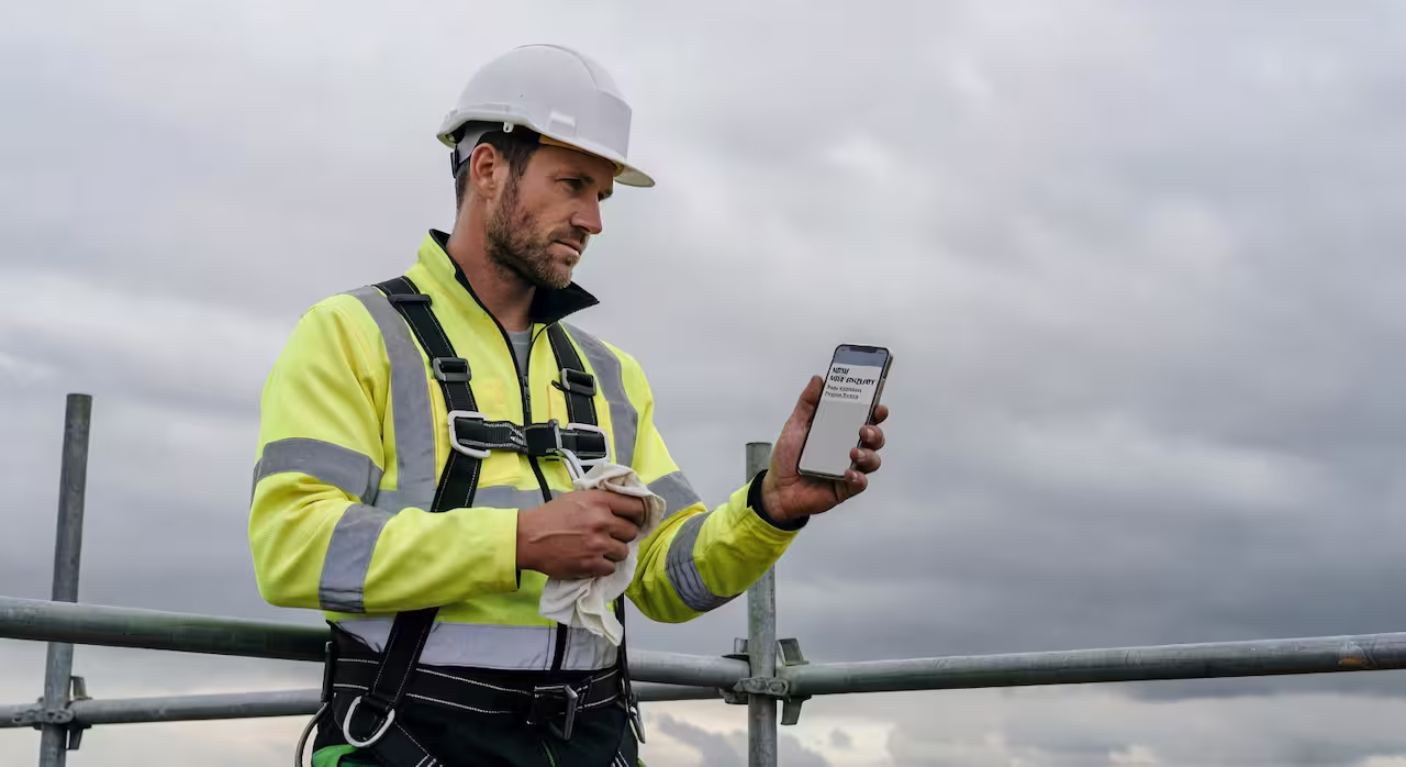 A roofer in hi-vis gear on scaffolding checking a phone notification
