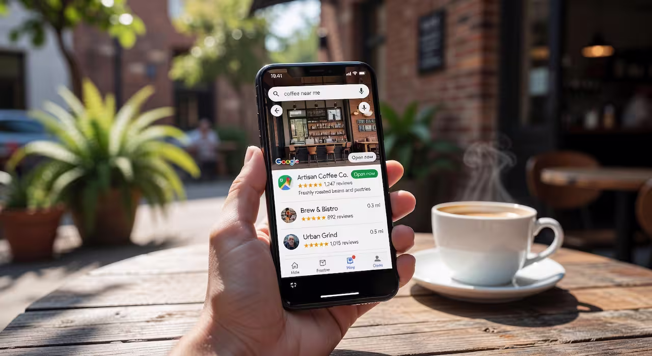 A Google search results page showing a local map pack on a mobile phone