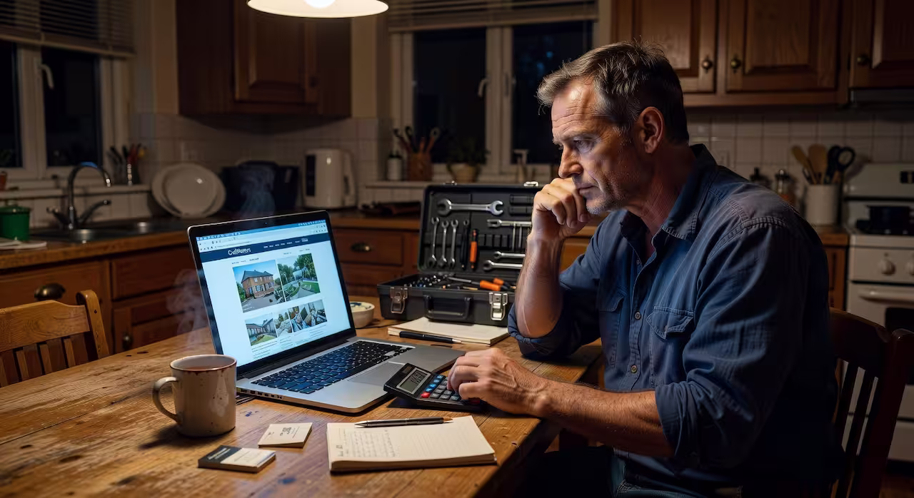 A small business owner comparing website pricing on a laptop