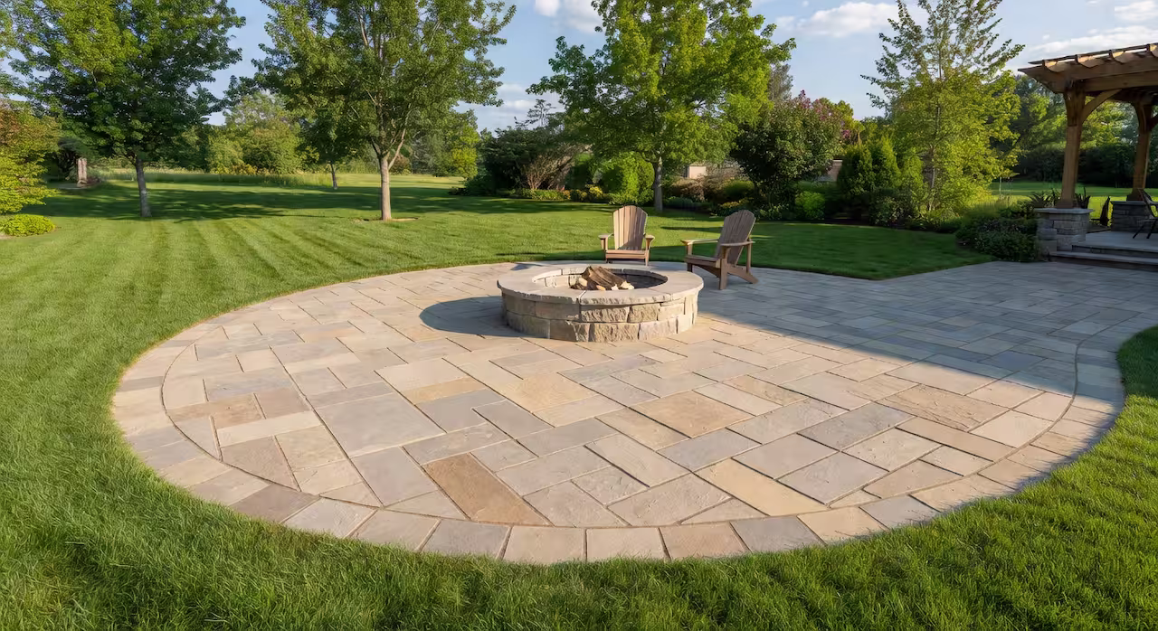 A finished backyard patio with flagstone pavers and fire pit