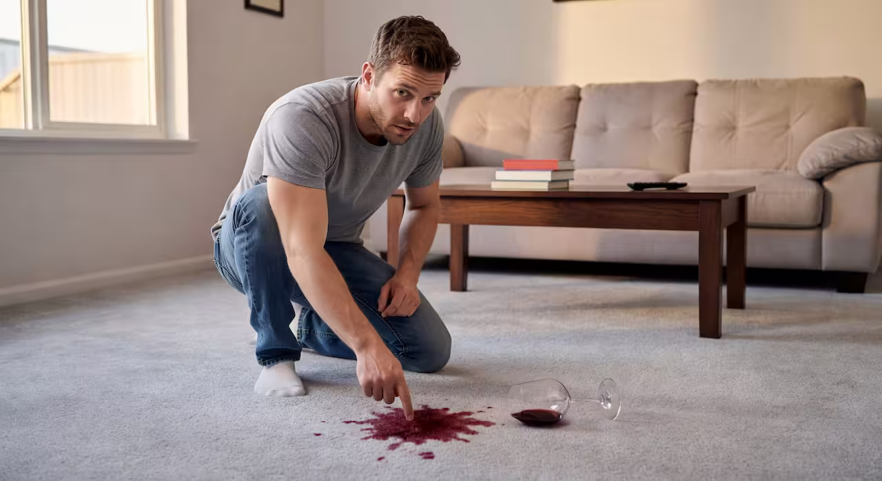 A homeowner discovering a wine stain on light gray carpet