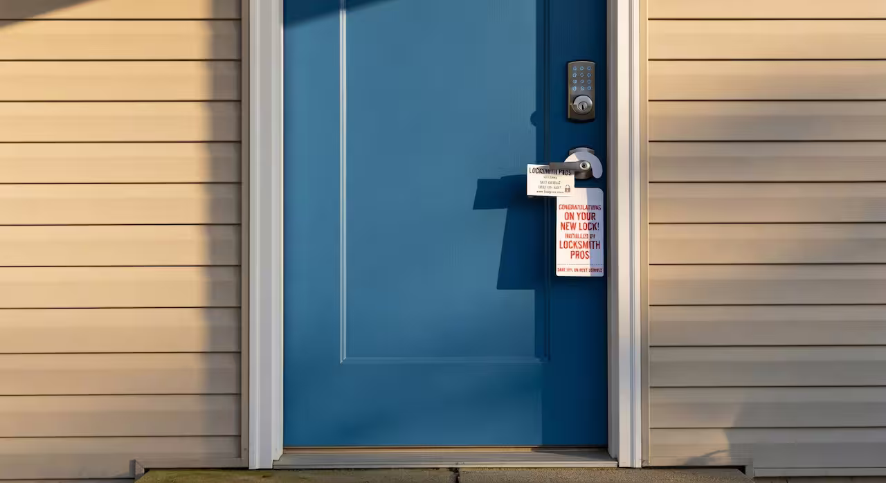 Modern residential deadbolt and smart keypad lock installed on the front door of an American home