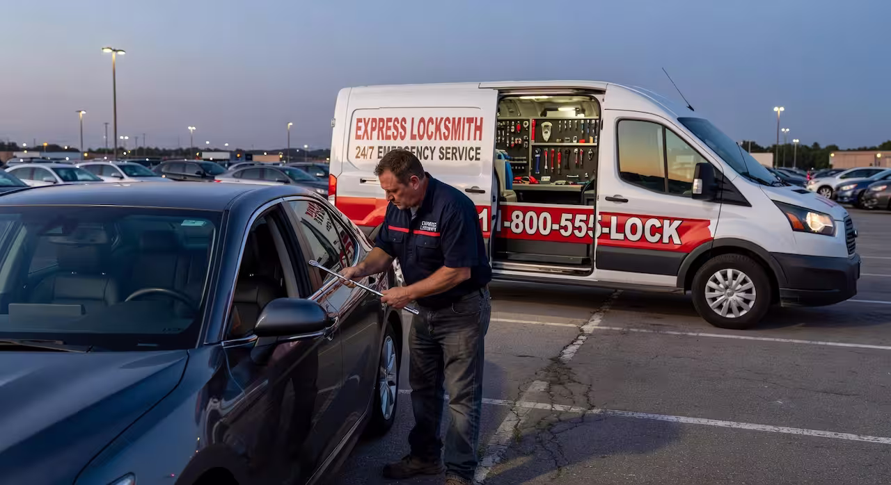 A locksmith in a branded work shirt at a customer's vehicle