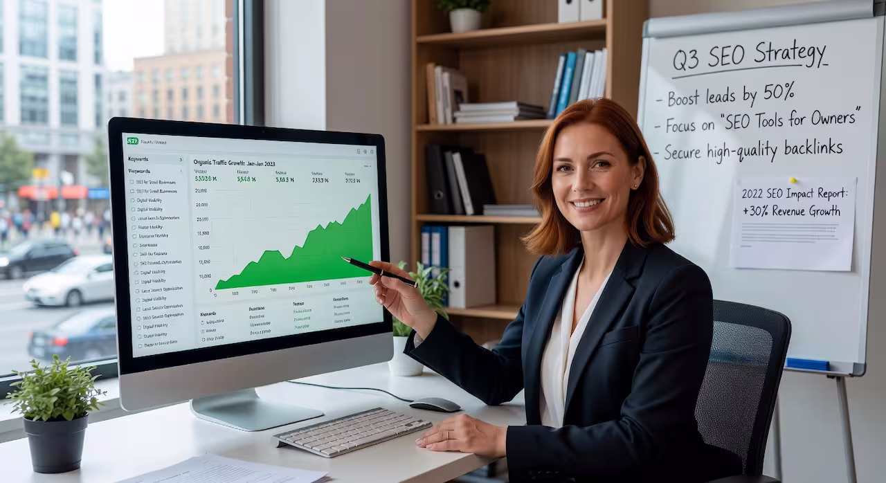 A business owner seeing improved website performance and search results