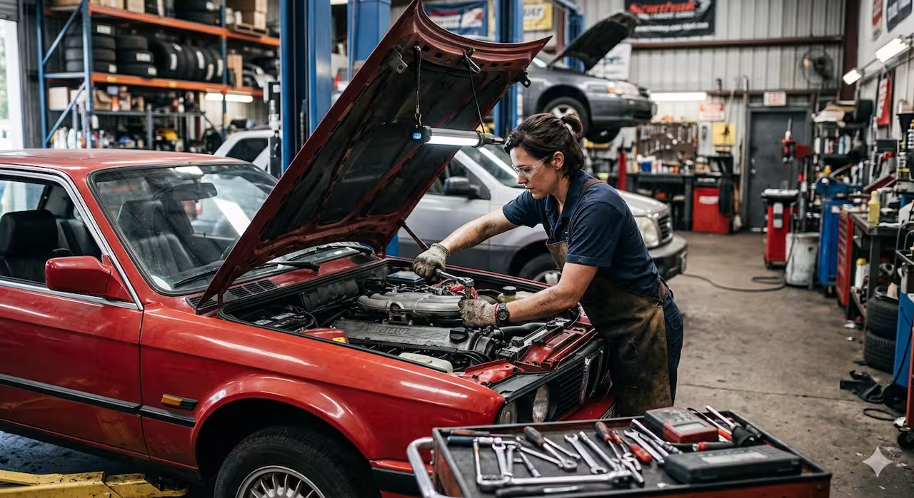 A mechanic in an American auto repair shop working on a vehicle