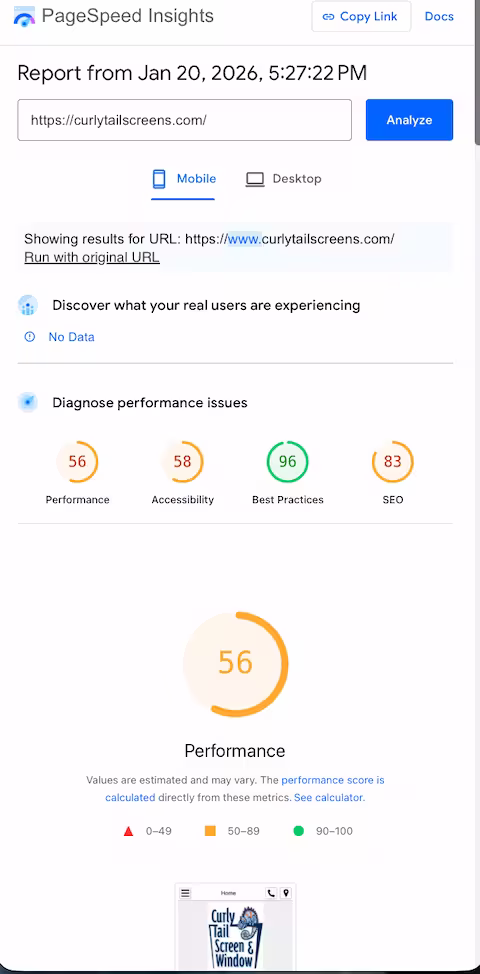 Curly Tail old PageSpeed scores