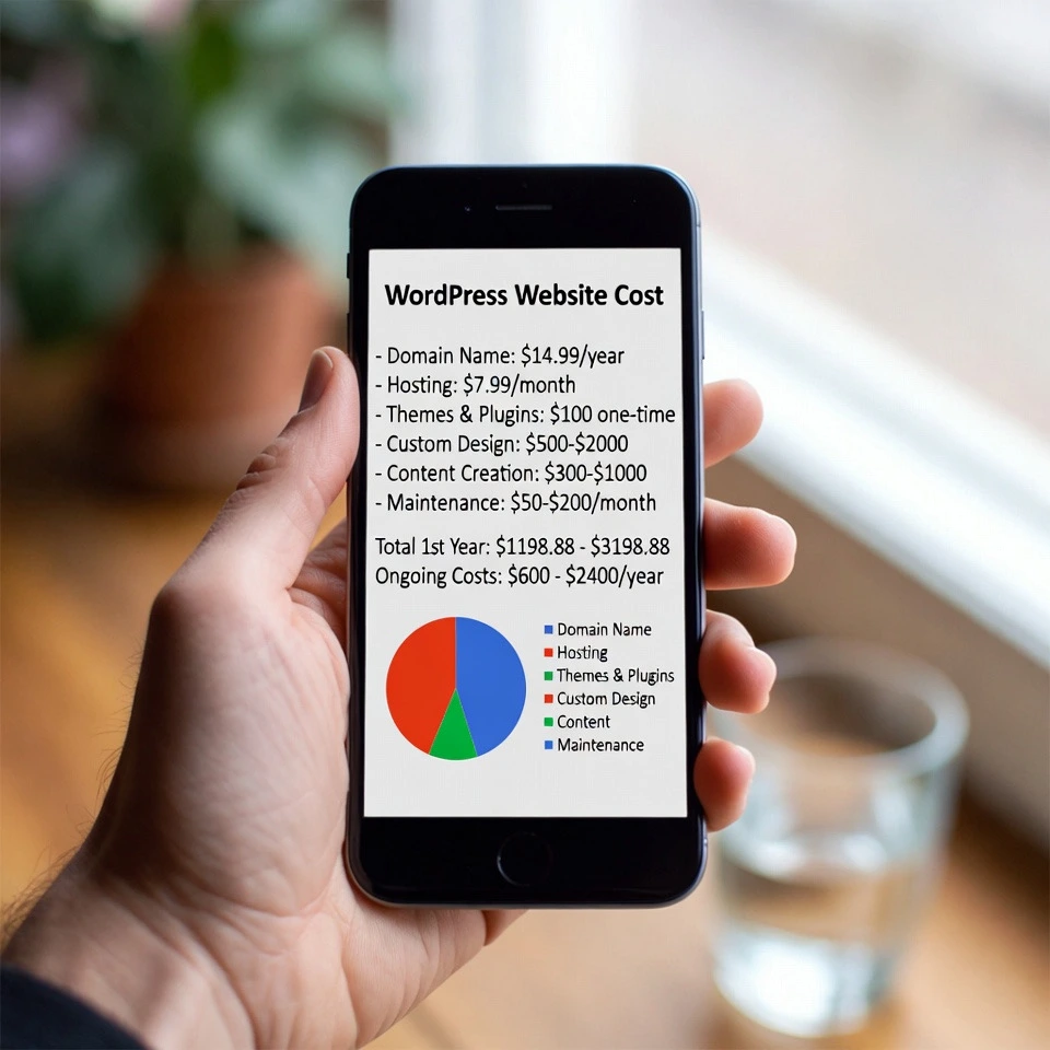 mobile phone with a breakdown in costs for a wordpress website