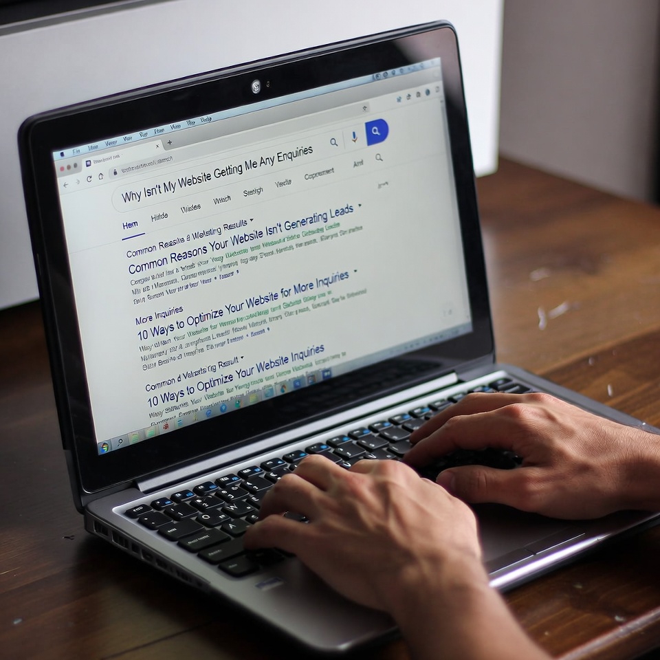 Hands on a keyboard of a laptop the search page is open and it says "why isn't my website getting me enquiries"