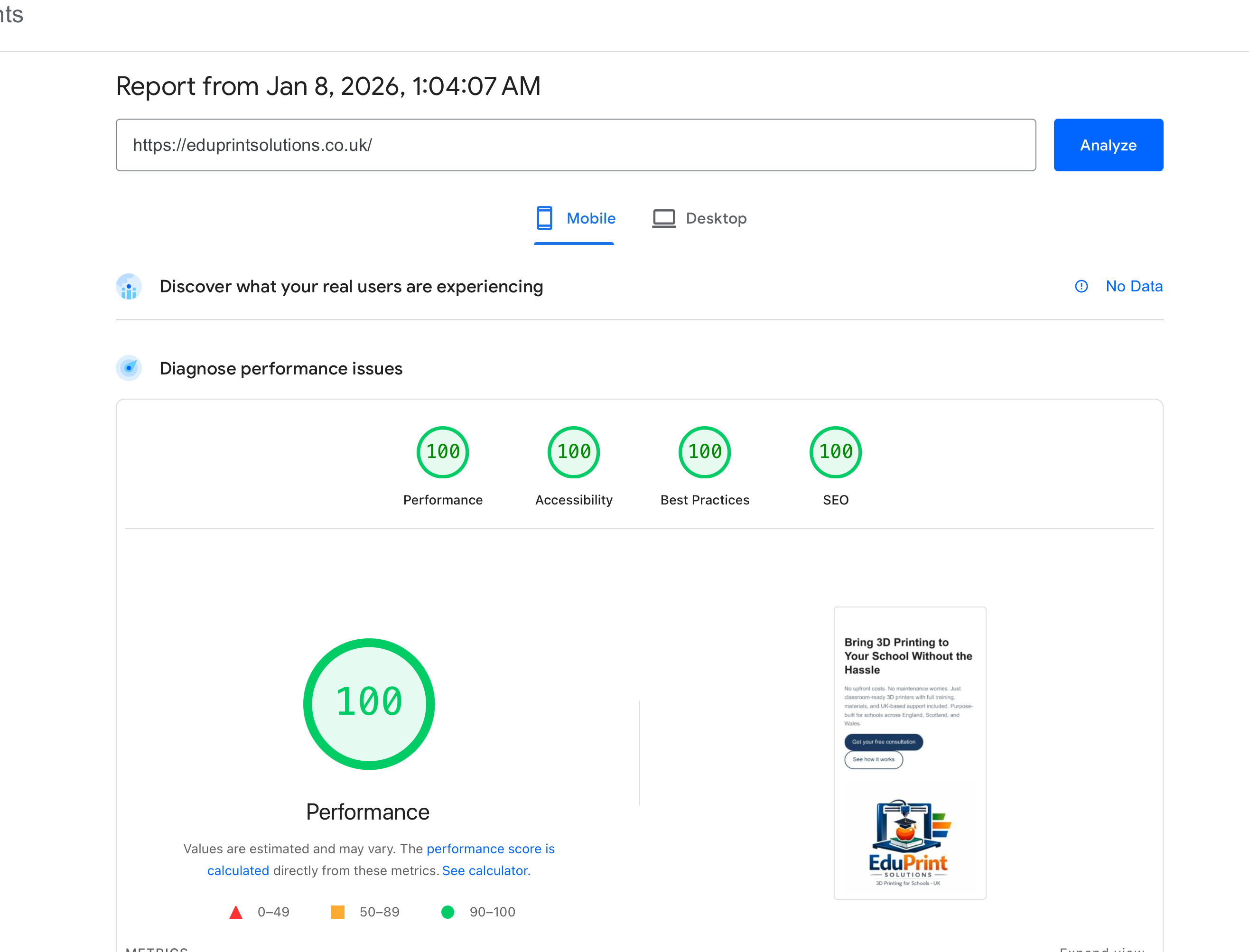 Eduprint Solutions PageSpeed Score