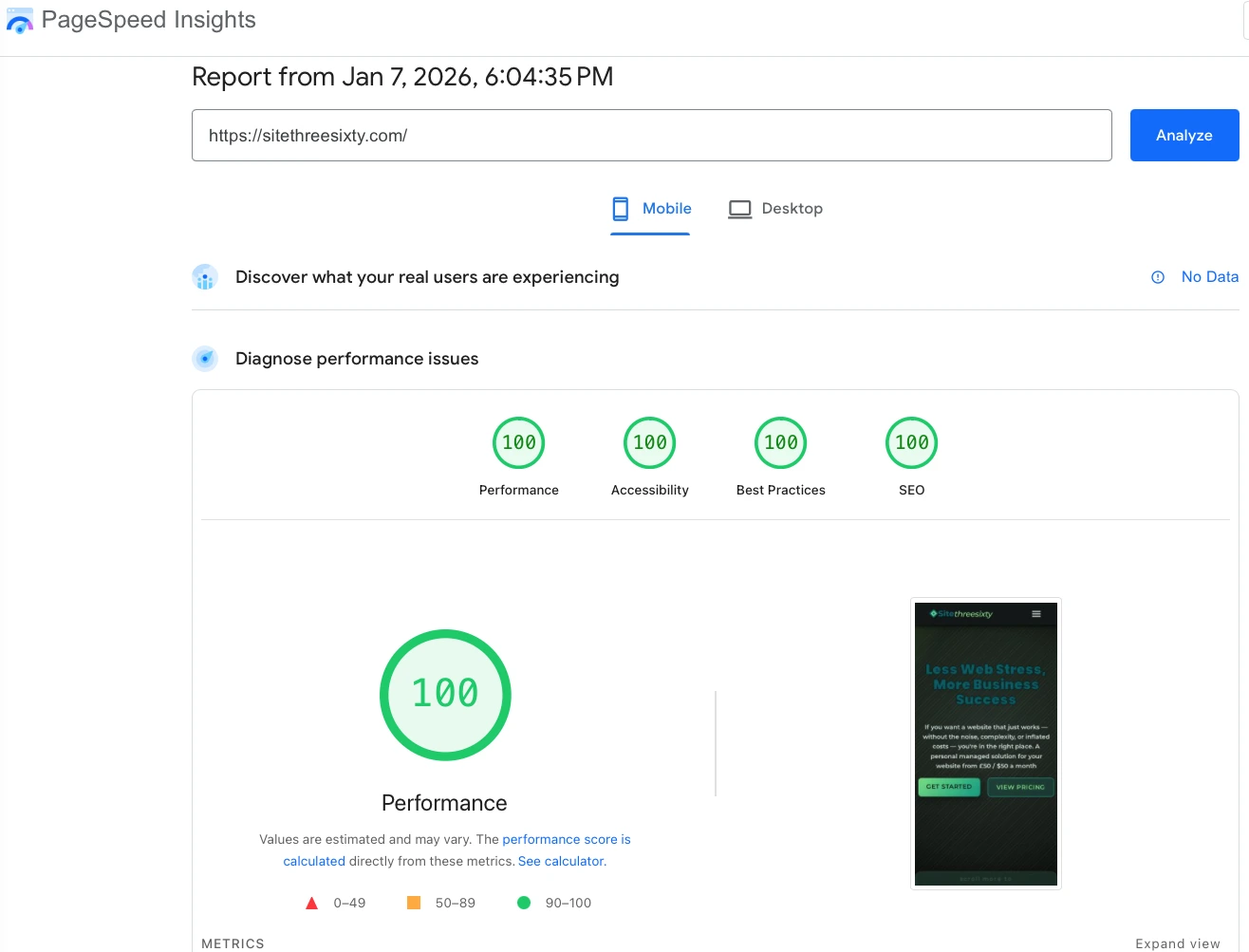 Sitethreesixty PageSpeed Score